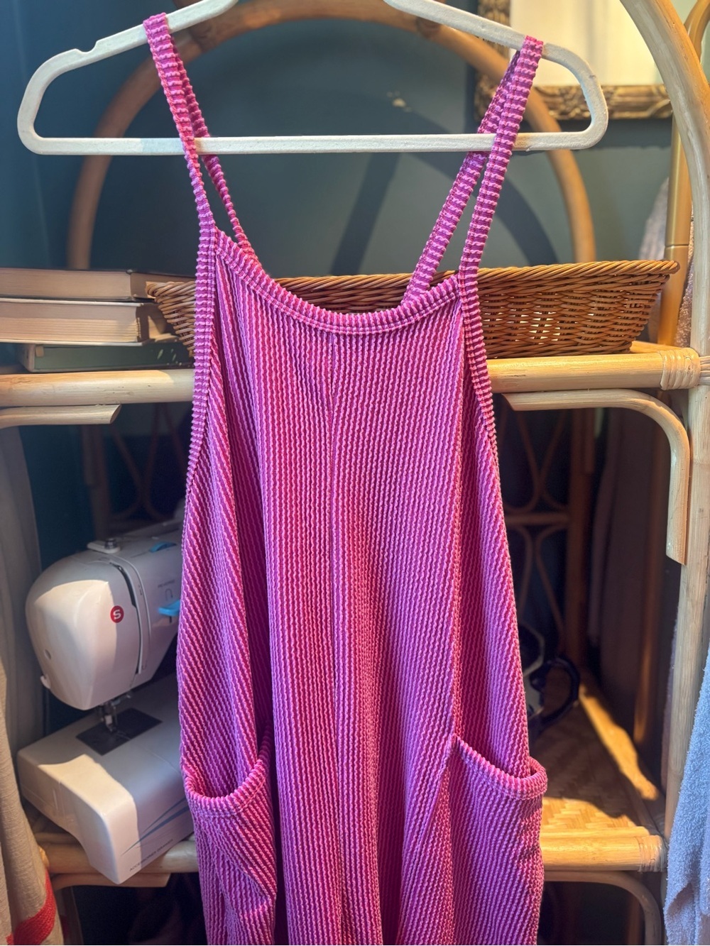 Bright Pink Ribbed Pocket Jumpsuit - Picture 3 of 7